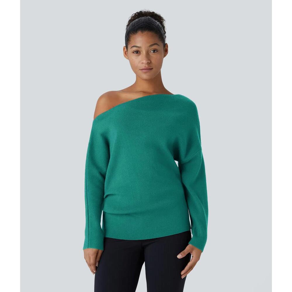 NWT Halara Off Shoulder Long Sleeve Work Sweater Green Size Small